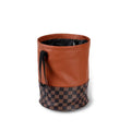 Black leather car trash can with handle showing folded and expanded positions for vehicle waste management