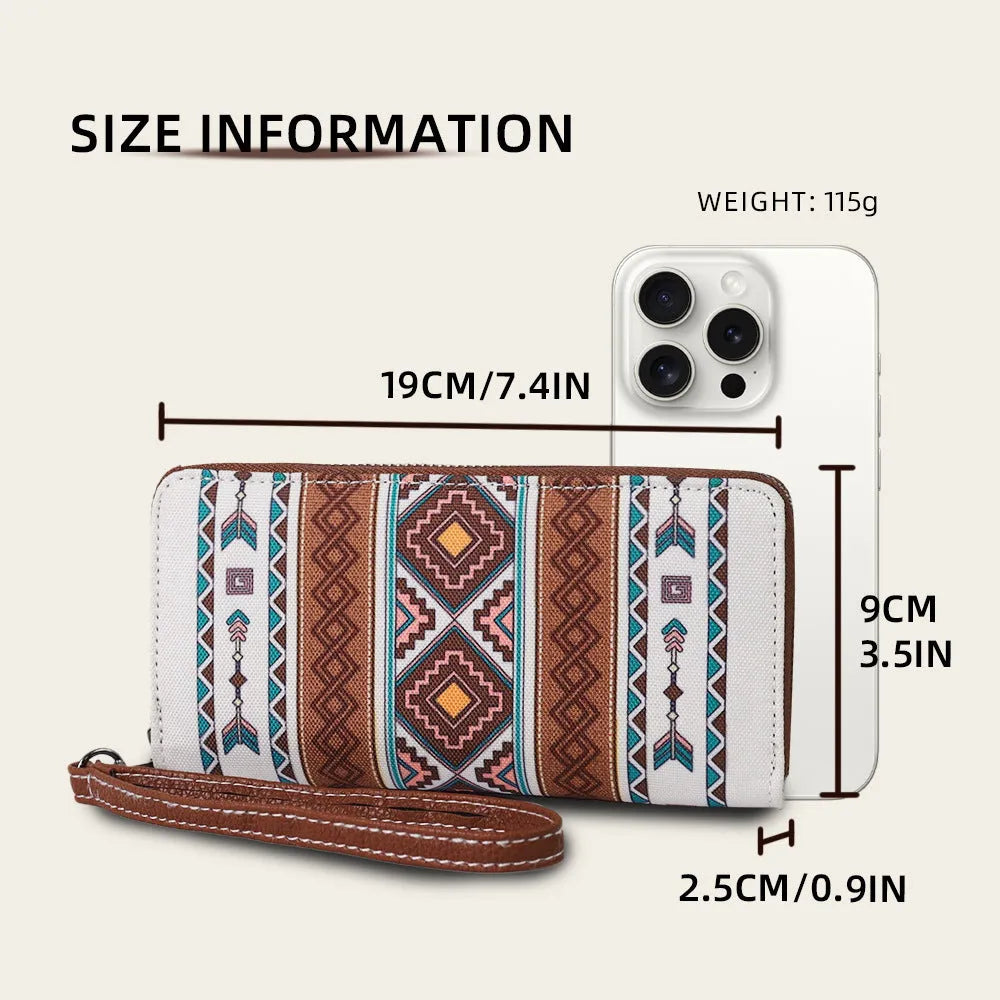 Bohemian stripe pattern canvas RFID-blocking wallet in multiple colour options measuring 20x10x2 cm