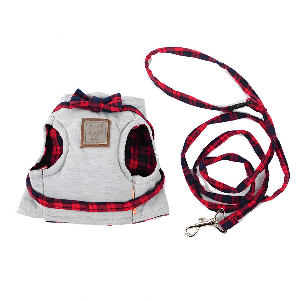 Red cat harness with 125cm traction rope, knitted fabric and cotton cloth, sizes XS S M