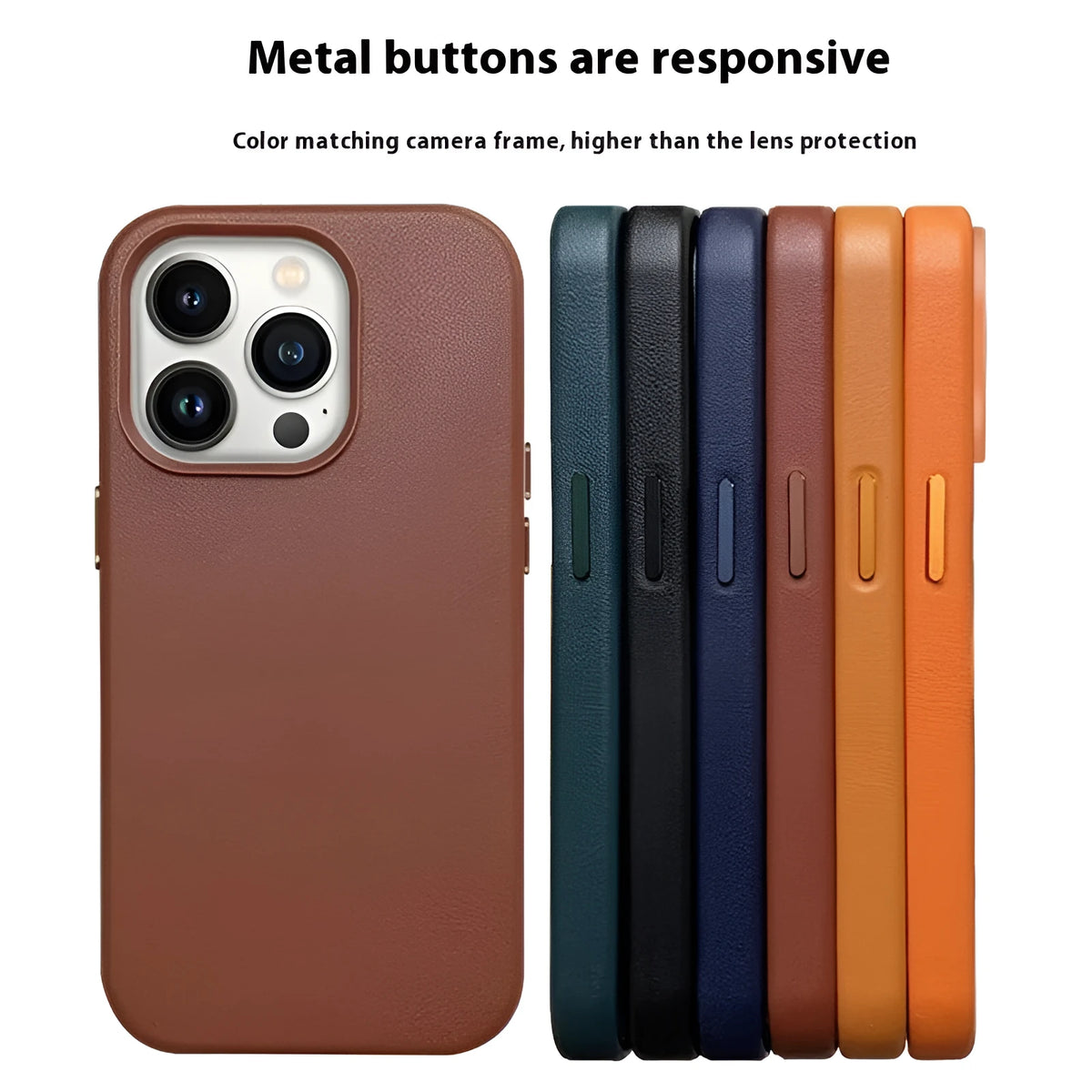 Magnetic leather phone case for iPhone 14 series in Midnight, Golden Brown, Pine Green, Thick Ink, Ochre Red.