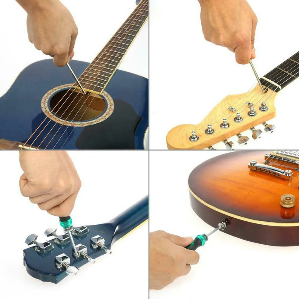 Black plastic guitar repair tool kit case open to show metal and plastic tools for guitar, bass, mandolin, banjo.