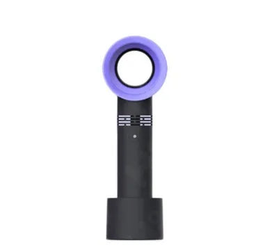 Compact portable bladeless fan in chosen colour on its base, with USB cable for charging.