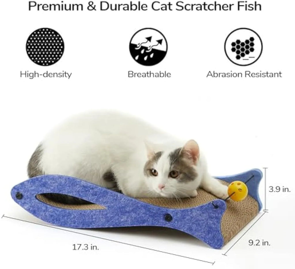 Blue fish-shaped cardboard cat scratcher with bell toys on elastic cord for indoor furniture protection