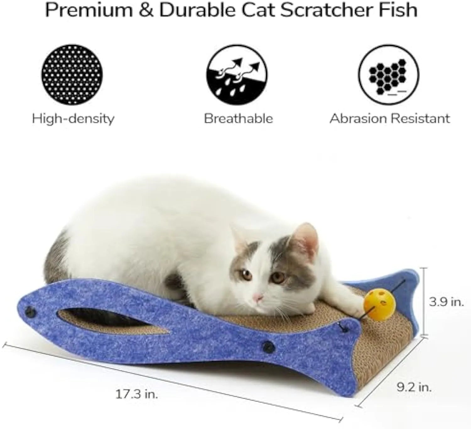 Blue fish-shaped cardboard cat scratcher with bell toys on elastic cord for indoor furniture protection