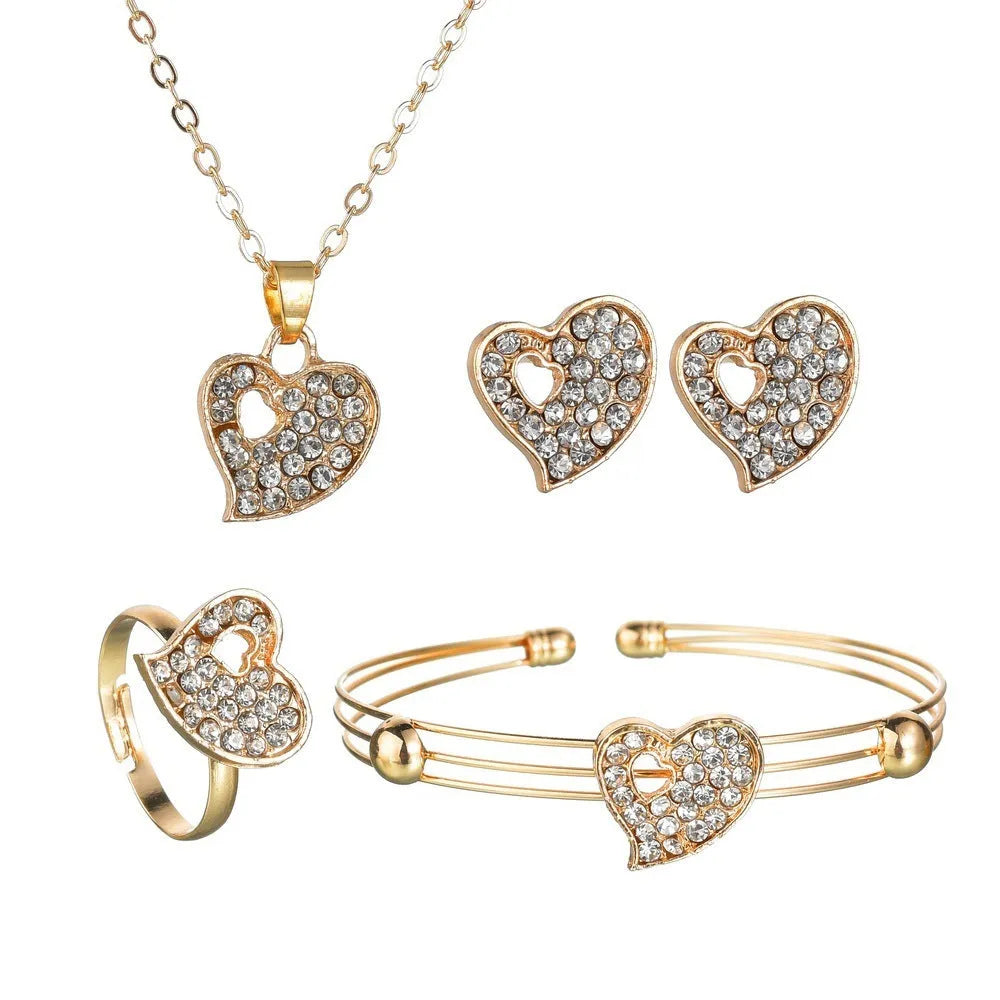Women's gold-colour alloy jewellery set with heart, water drop and bell pendants including earrings and adjustable decorations