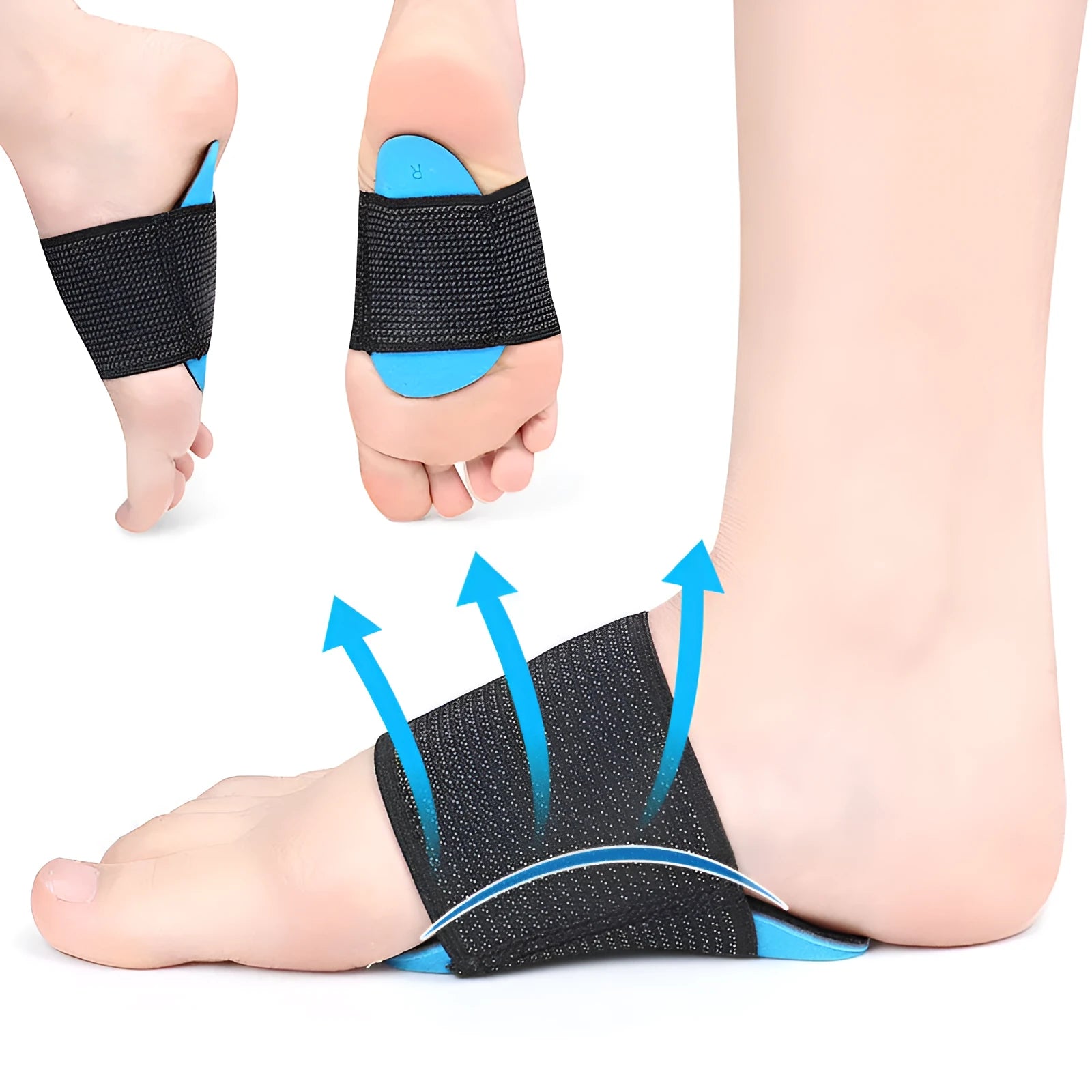 Blue elastic bandage arch support foot pads with EVA foam construction for flat foot relief