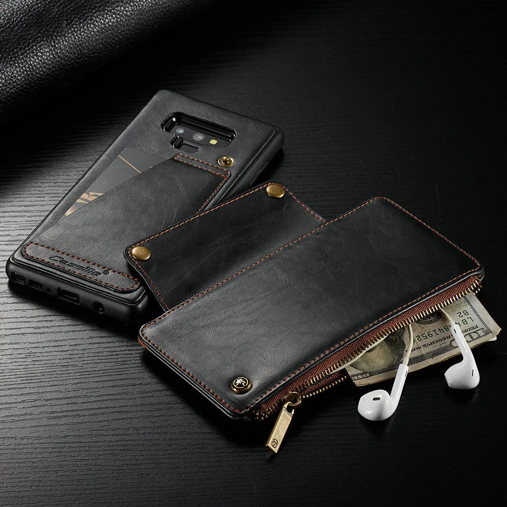 Black PU leather flip phone case open to show Samsung Note9, demonstrating front and back protection.