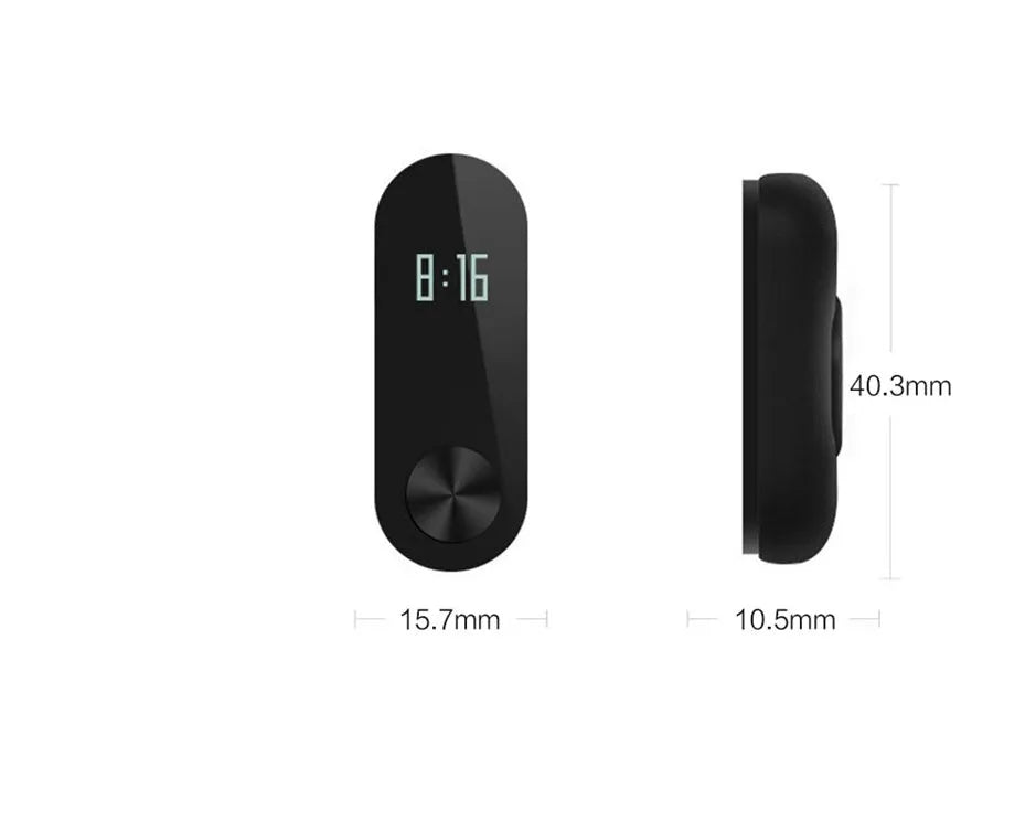 Xiaomi Mi Band 2 black fitness tracker on wrist showing OLED touchscreen display