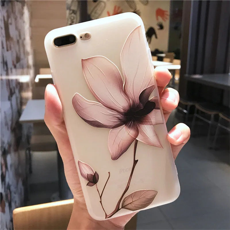 Embossed floral iPhone case in TPU material showing black and white colour options