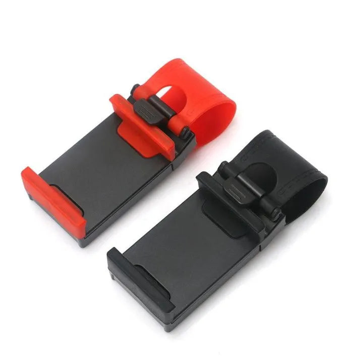 Black universal steering wheel phone holder clip for smartphones showing silicone pad
