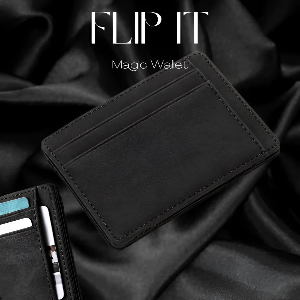 Black PU leather magic flip wallet with a zipper coin purse and sewing line detail.