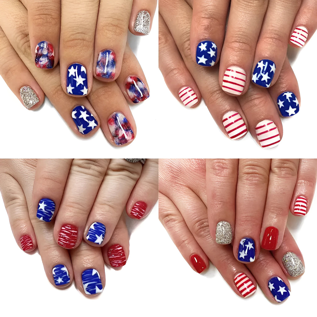 Pre-finished glitter nail tips in red and blue multicolour designs for women