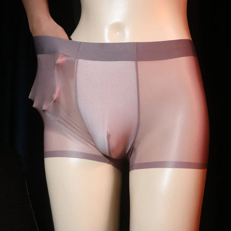 Men's ultra-thin light gray nylon boxer underwear laid flat, showing solid colour design.