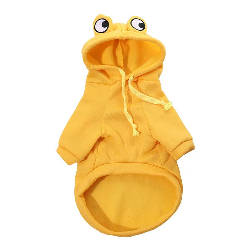 Green frog costume hoodie on a small dog, showing the four-leg design and hood.