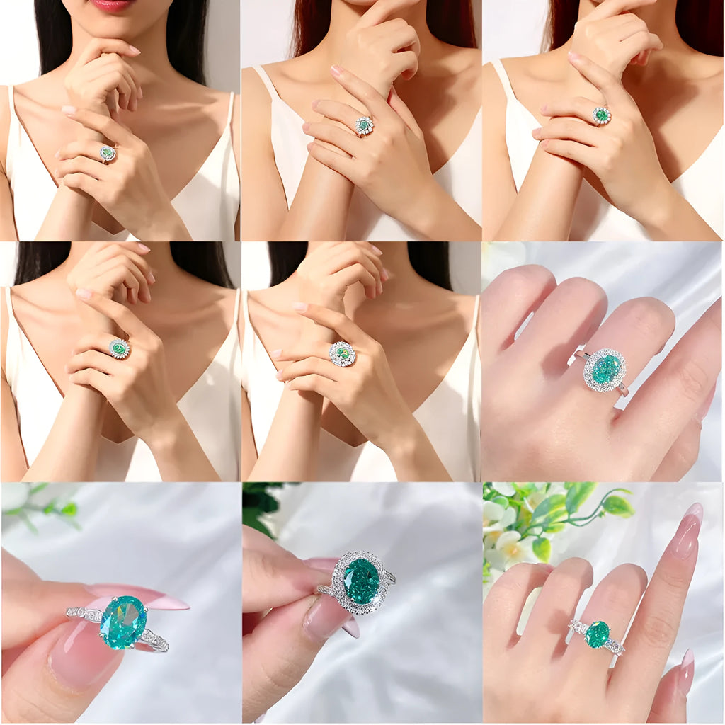 Women's S925 silver emerald ring with geometric band and oval-cut high-carbon diamond centre stone.