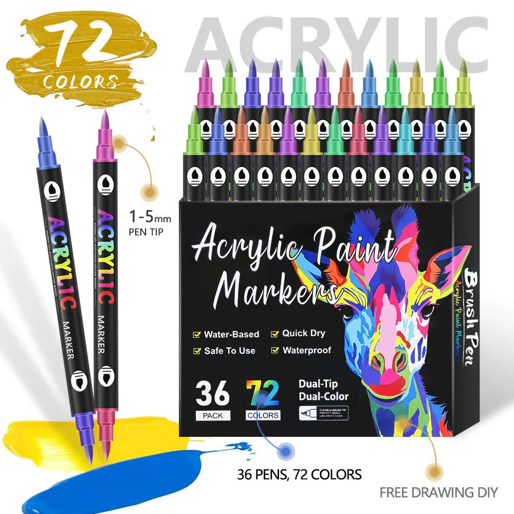 Set of double-headed acrylic marker pens with vibrant, opaque, washable ink in a carrying case.
