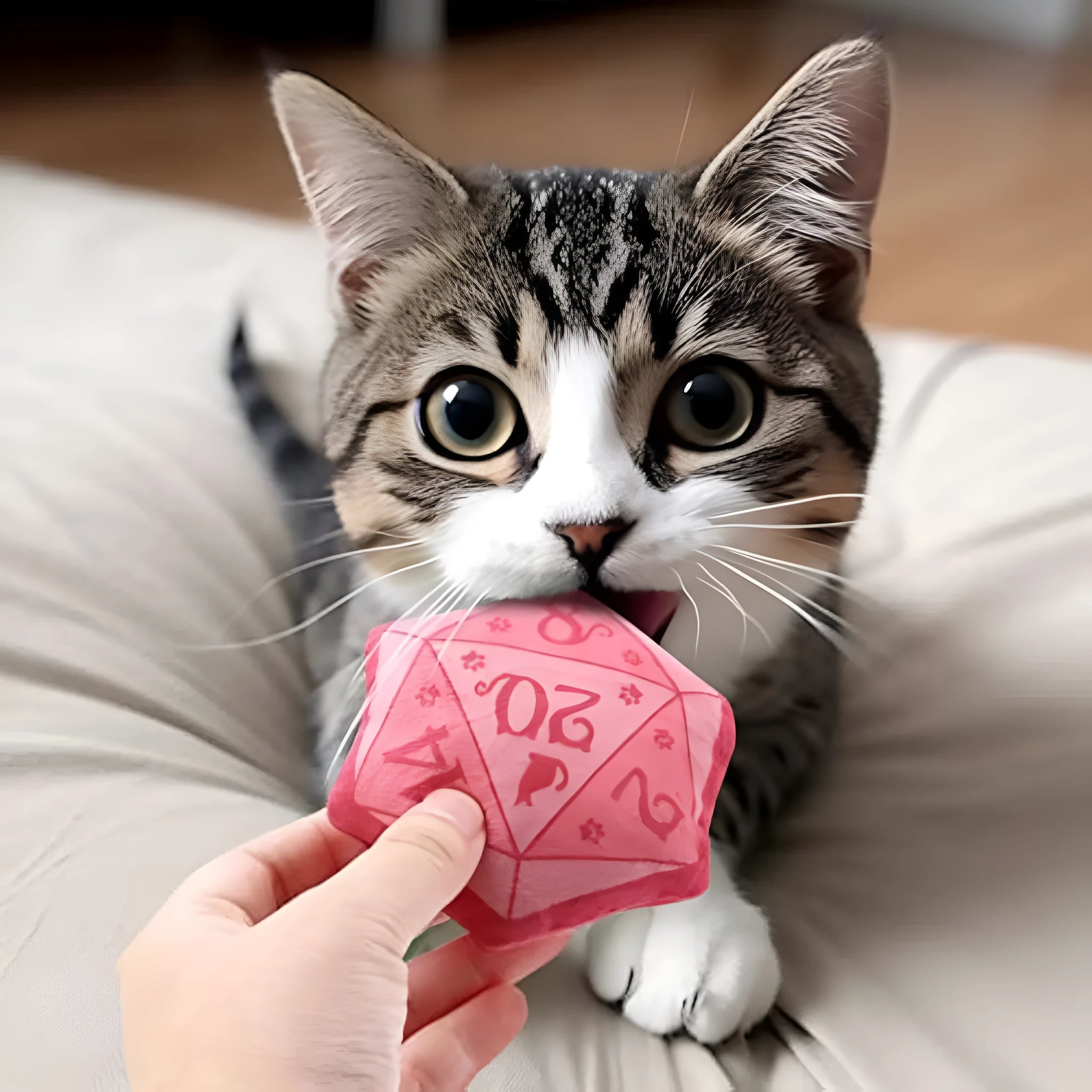 Blue dice-shaped plush cat toy with DND styling containing organic catnip for feline play