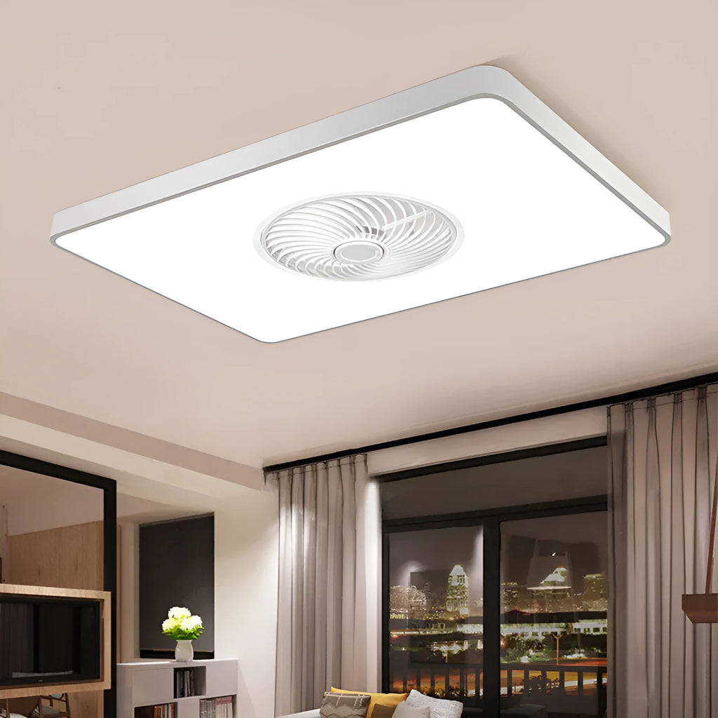 Nordic style ceiling fan with light and solid wood blades in rectangular, round, or square shapes.