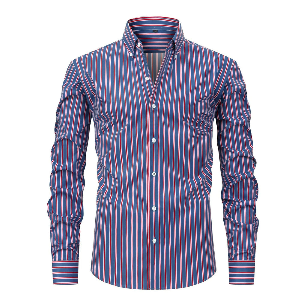 Men's striped business shirt in slim fit cardigan style with long sleeves and ice silk polyester blend fabric