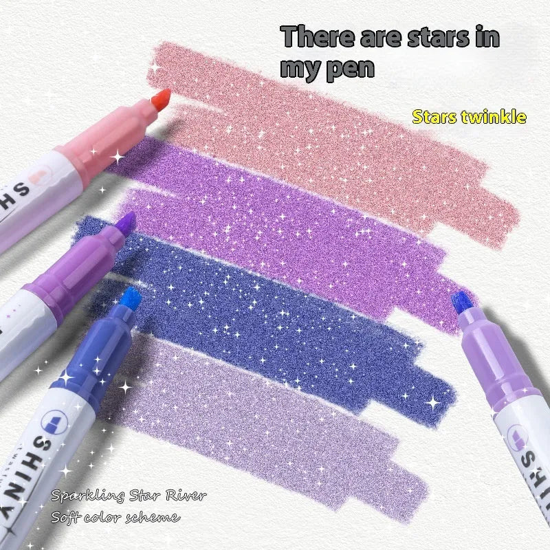 Set of four glitter highlighter pens with slanted tips in six colours including taro puff and peach blossom puff.