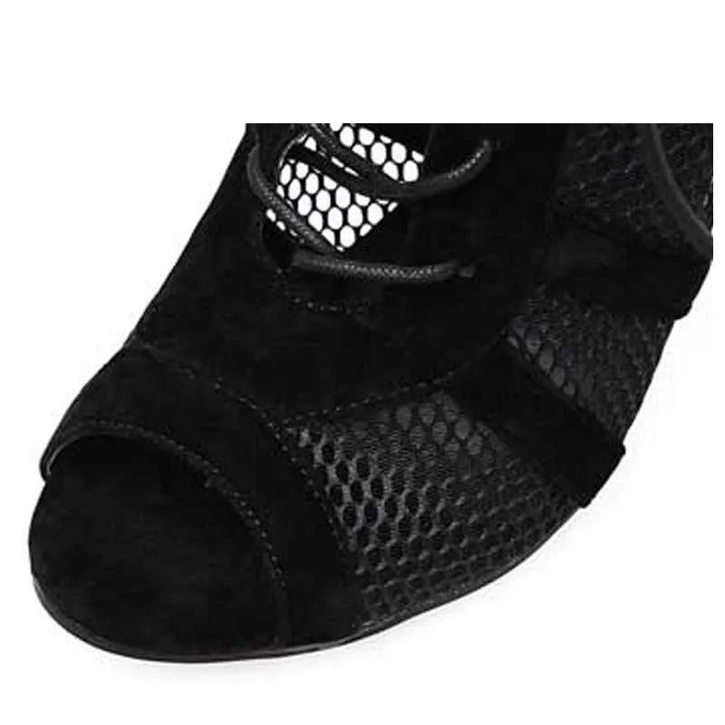 Black suede women's lace-up high heel shoes with an 11.5 cm heel on a plain background.