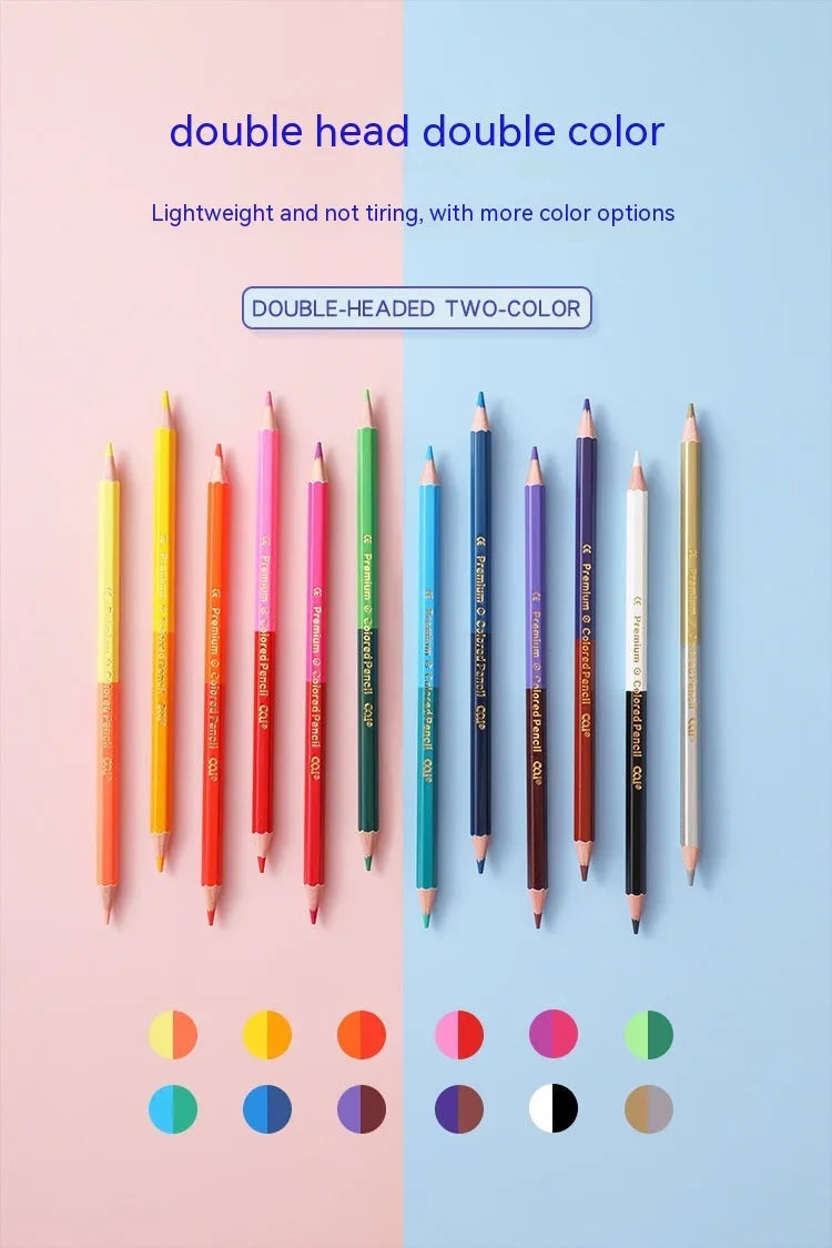 Set of wooden colouring pencils in a pack, showing options for 12 or 24 colours.