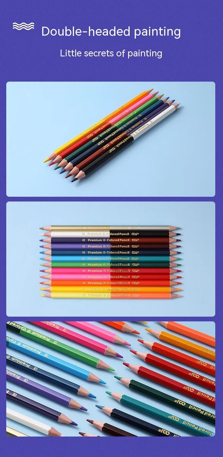 Set of wooden colouring pencils in a pack, showing options for 12 or 24 colours.