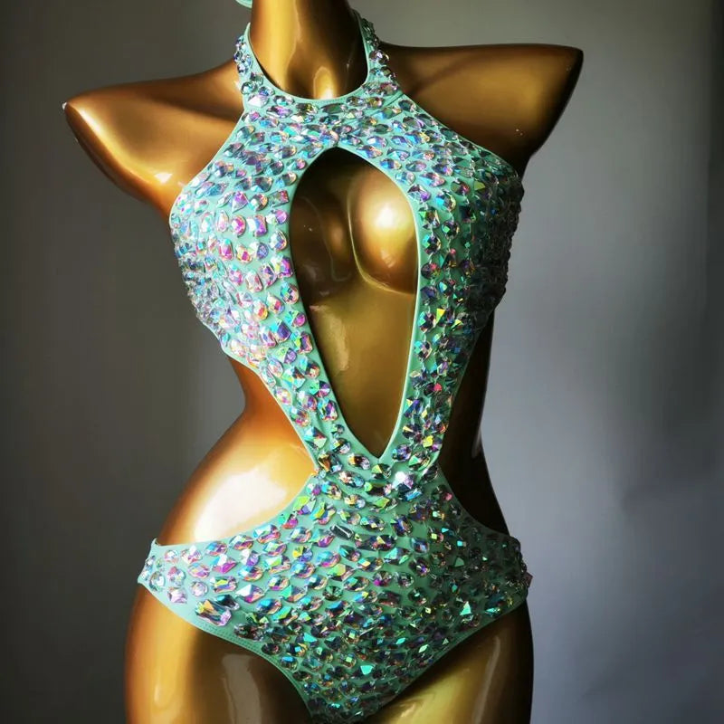 Women's one-piece diamond mesh swimsuit in Army Green colour, showing front design