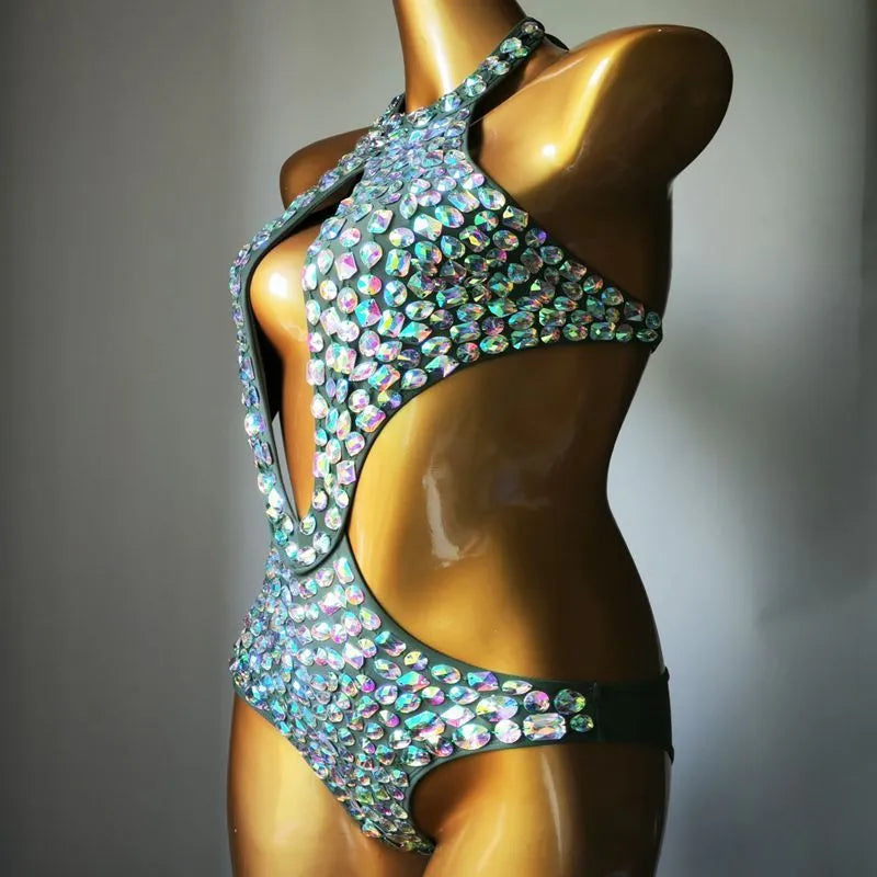 Women's one-piece diamond mesh swimsuit in Army Green colour, showing front design