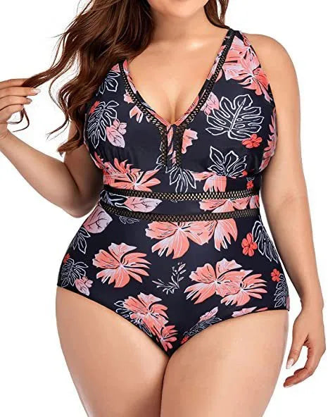 Black printed women's plus size bikini with mesh stitching details and sleeveless cut