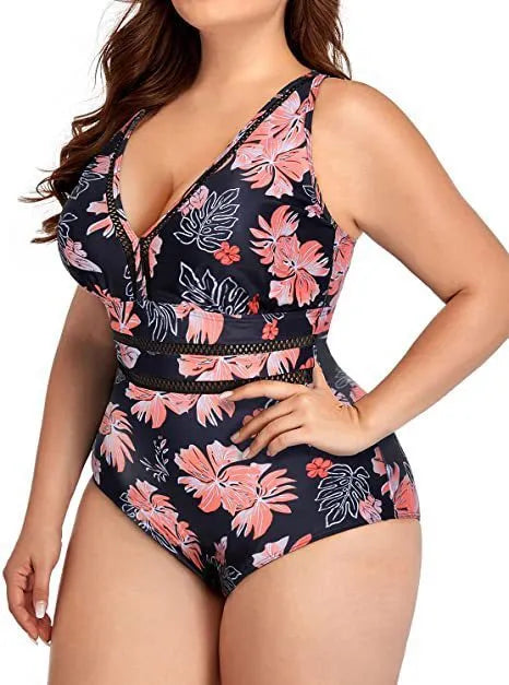 Black printed women's plus size bikini with mesh stitching details and sleeveless cut