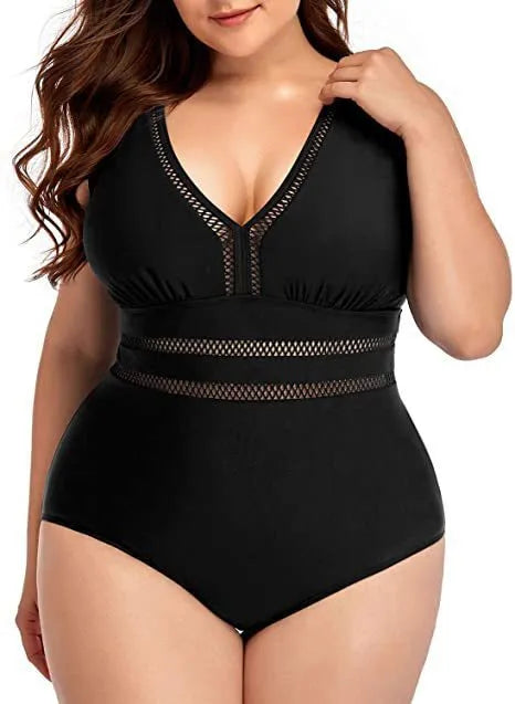 Black printed women's plus size bikini with mesh stitching details and sleeveless cut
