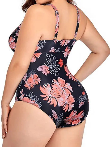 Black printed women's plus size bikini with mesh stitching details and sleeveless cut