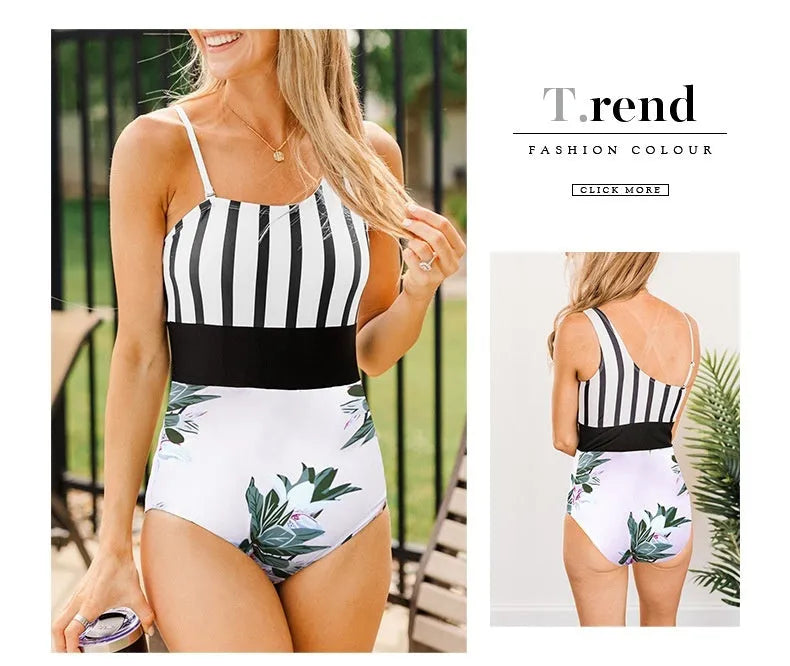Leopard print women's one-piece swimsuit with high waist and asymmetric collar on a mannequin.
