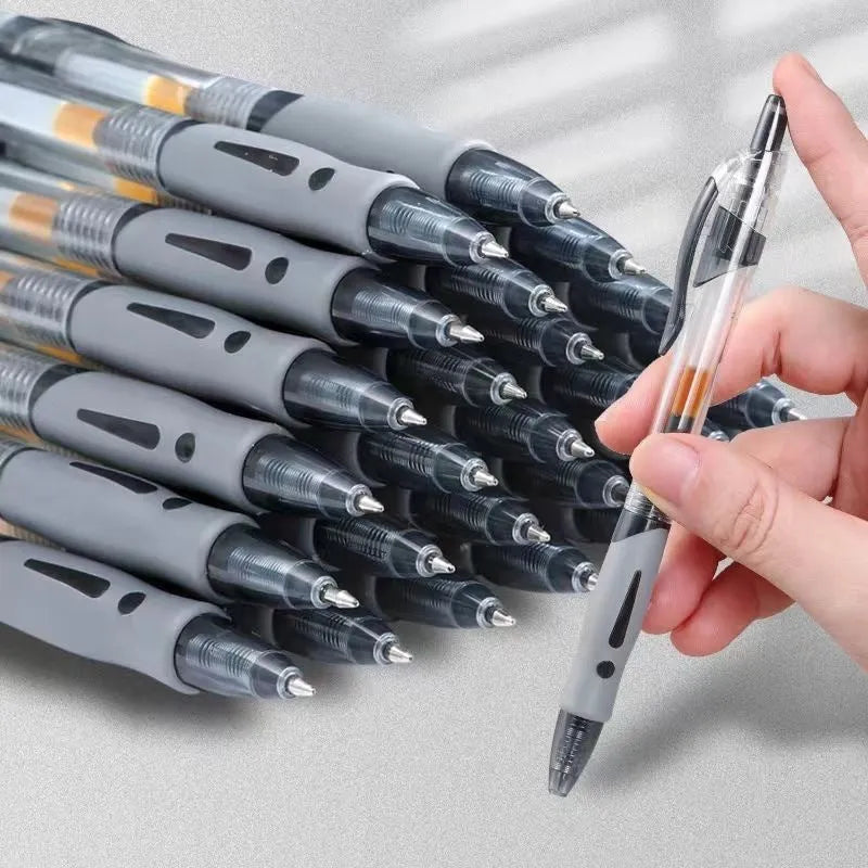 A plastic gel pen with a 0.5mm fine tip, shown in neutral colour with black, blue, and red ink refill options.