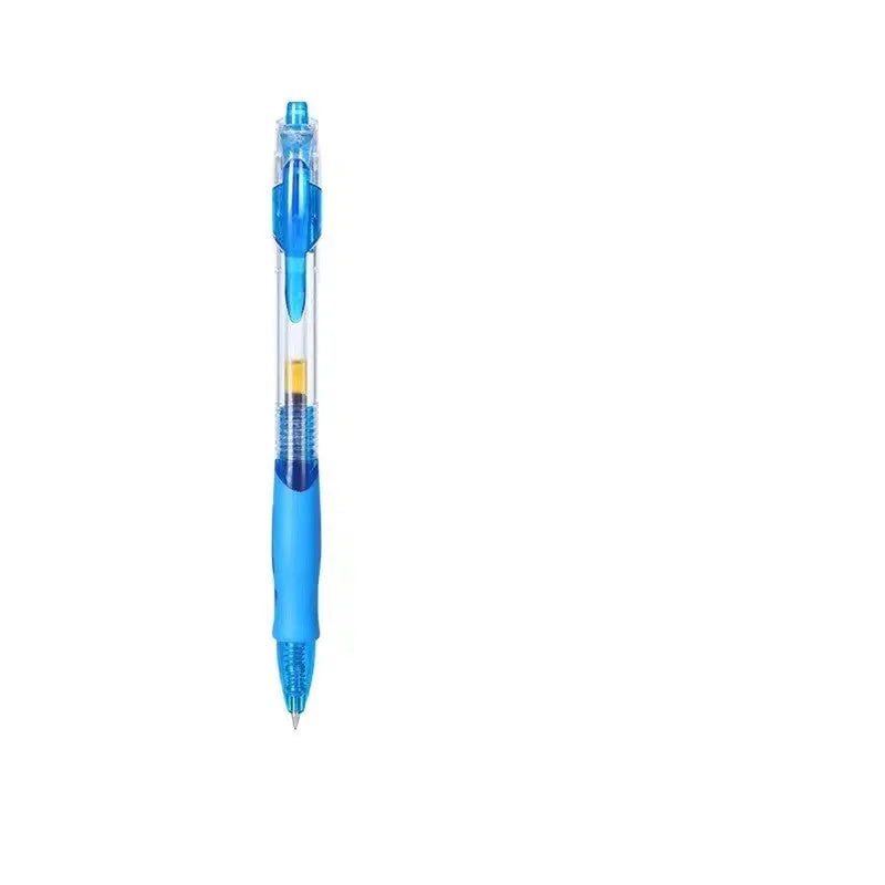 A plastic gel pen with a 0.5mm fine tip, shown in neutral colour with black, blue, and red ink refill options.