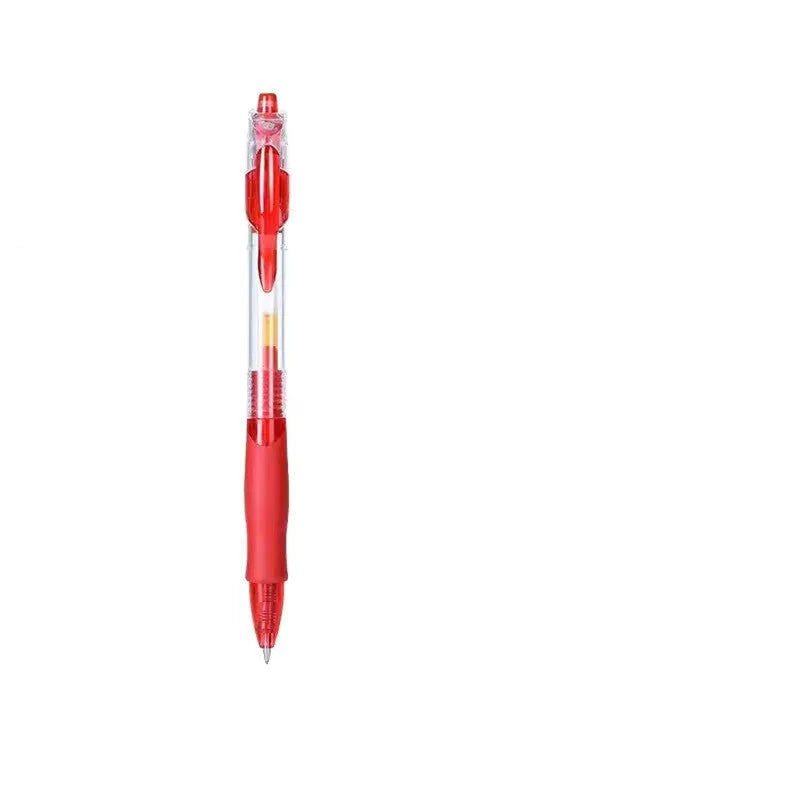 A plastic gel pen with a 0.5mm fine tip, shown in neutral colour with black, blue, and red ink refill options.
