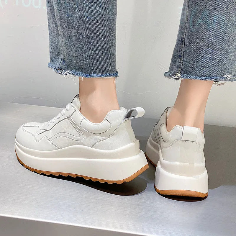 Women's beige cowhide leather casual sports shoes with mesh lining, English muffin heel and cross-strap detailing