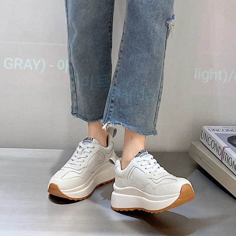 Women's beige cowhide leather casual sports shoes with mesh lining, English muffin heel and cross-strap detailing