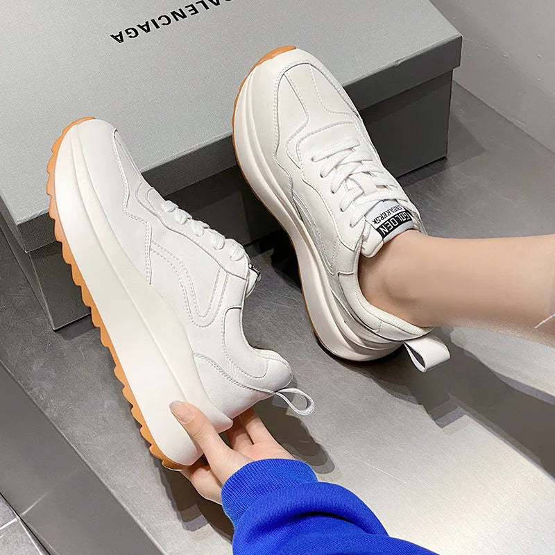 Women's beige cowhide leather casual sports shoes with mesh lining, English muffin heel and cross-strap detailing