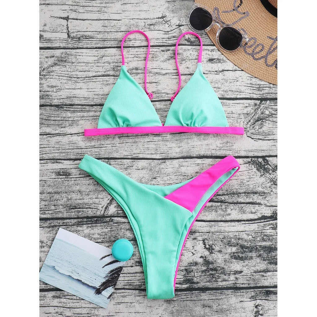 Women's two-piece nylon swimsuit bikini in briefs style, showing pattern design options.