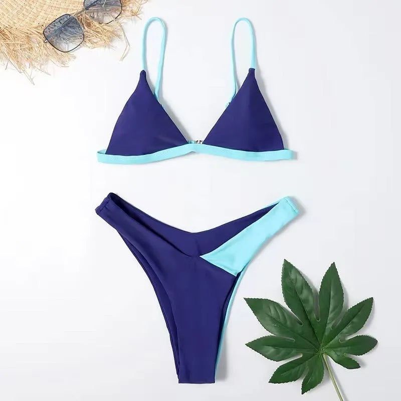 Women's two-piece nylon swimsuit bikini in briefs style, showing pattern design options.