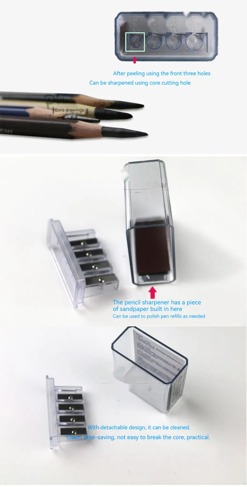 Geometric plastic pencil sharpener with four holes and screwdriver tool