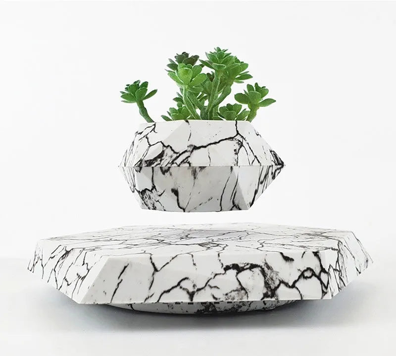 Marble colour magnetic levitating plant pot floating and rotating a small bonsai plant