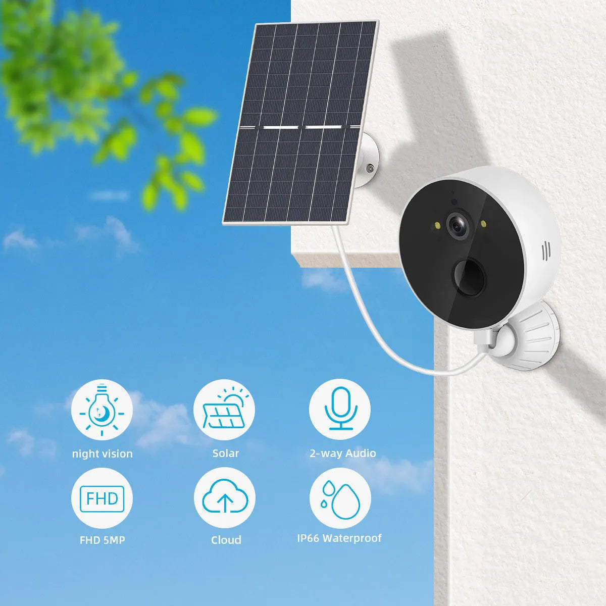 Solar powered outdoor security camera with 1080P resolution and included solar panel