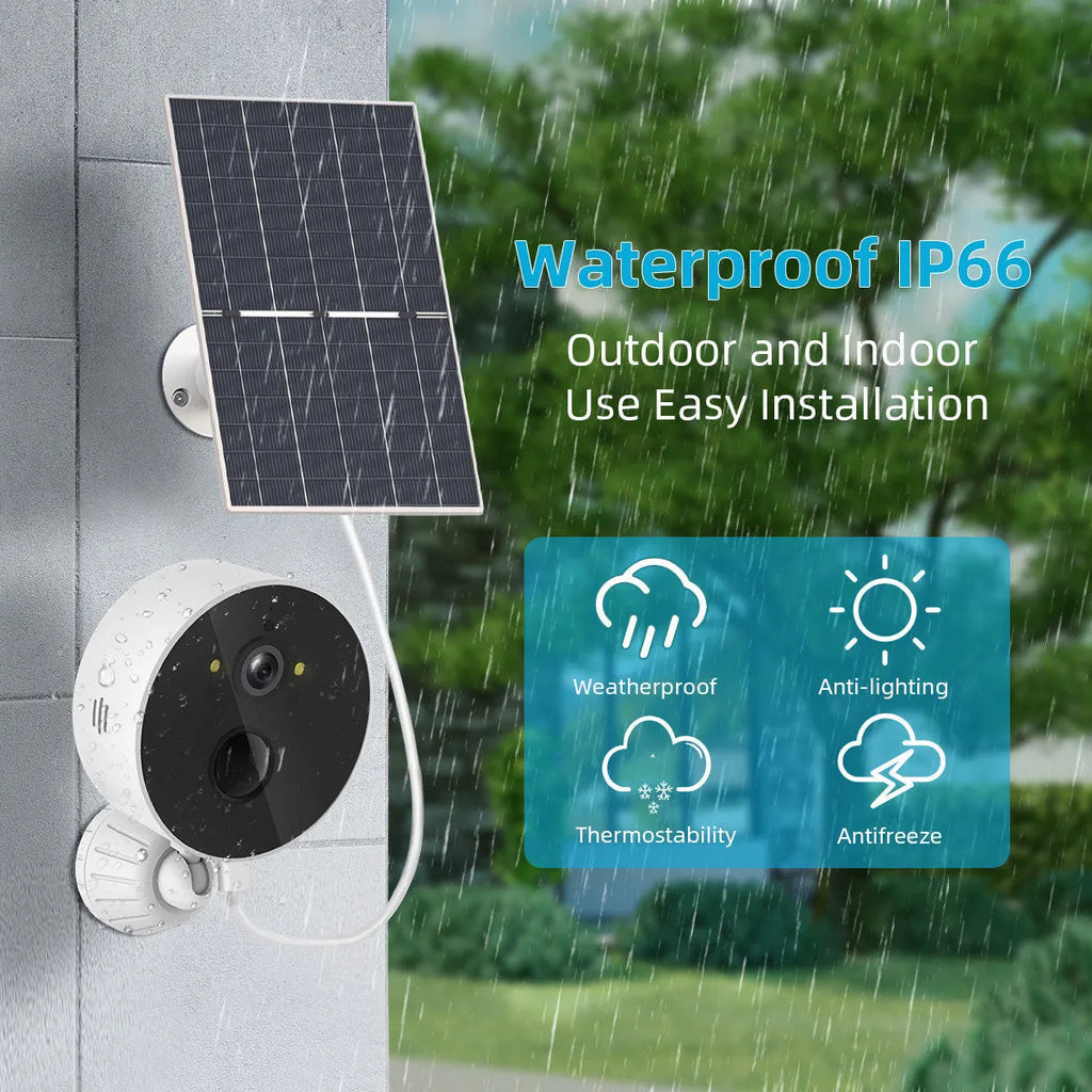 Solar powered outdoor security camera with 1080P resolution and included solar panel