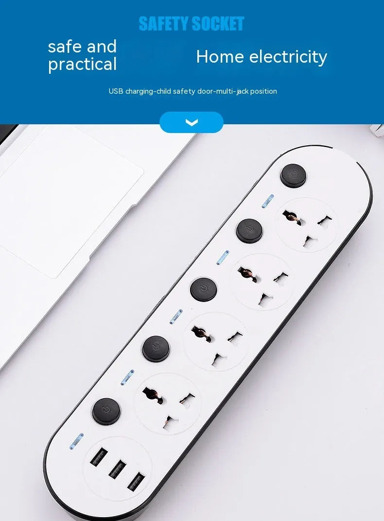 International power strip with sockets for UK, US, EU and AU plugs, a switch, and USB ports.