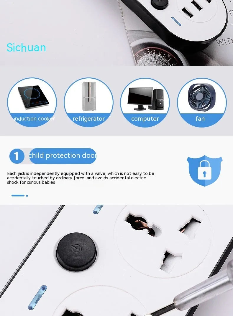 International power strip with sockets for UK, US, EU and AU plugs, a switch, and USB ports.