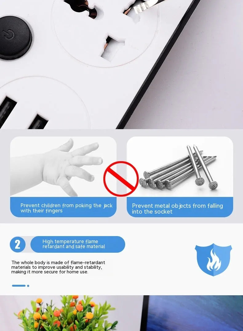 International power strip with sockets for UK, US, EU and AU plugs, a switch, and USB ports.