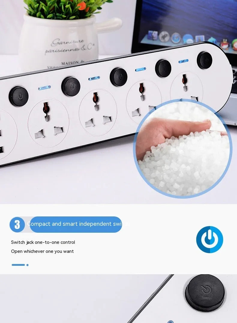 International power strip with sockets for UK, US, EU and AU plugs, a switch, and USB ports.
